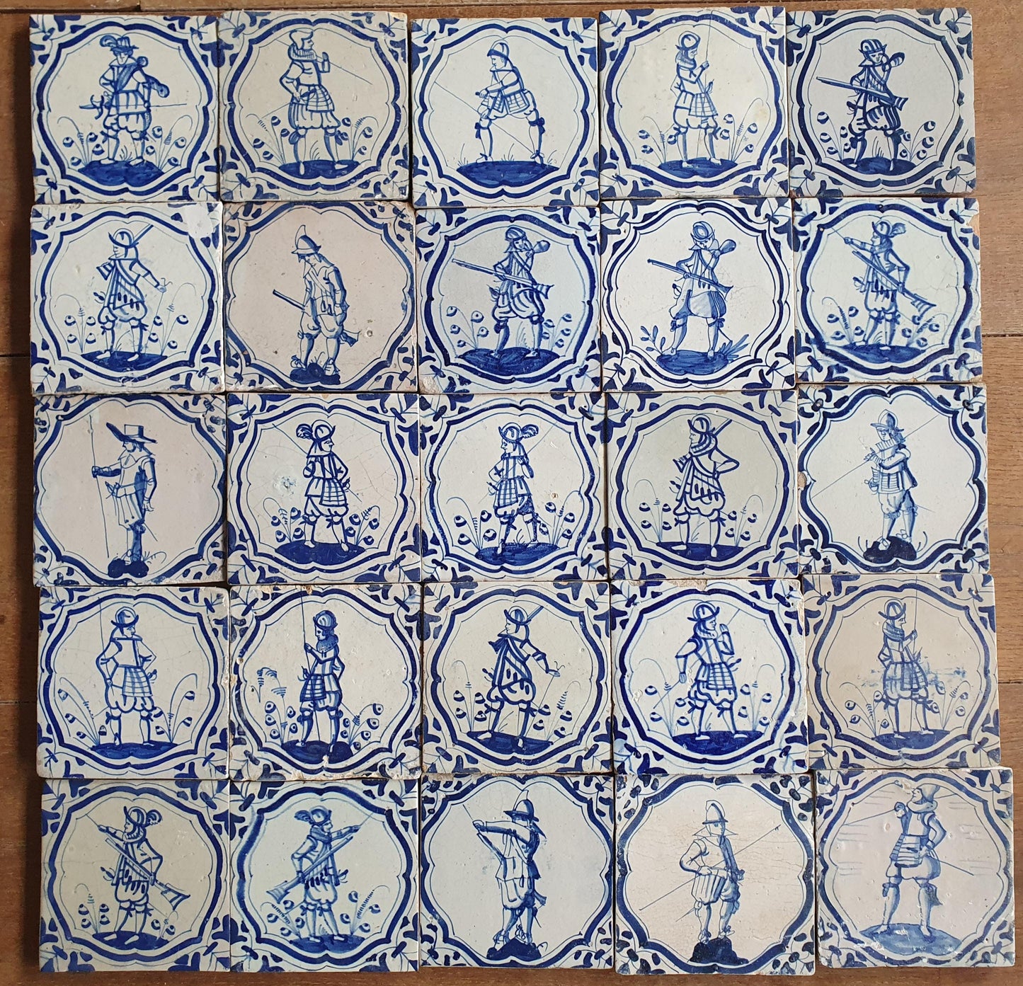 25 Antique Delft Tiles – 17th Century Dutch Soldiers, Wanli Motif