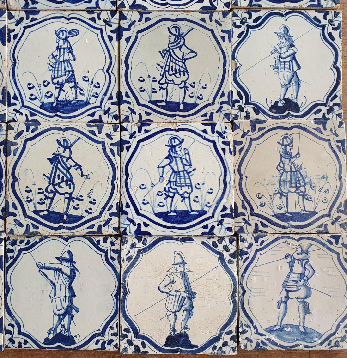 25 Antique Delft Tiles – 17th Century Dutch Soldiers, Wanli Motif