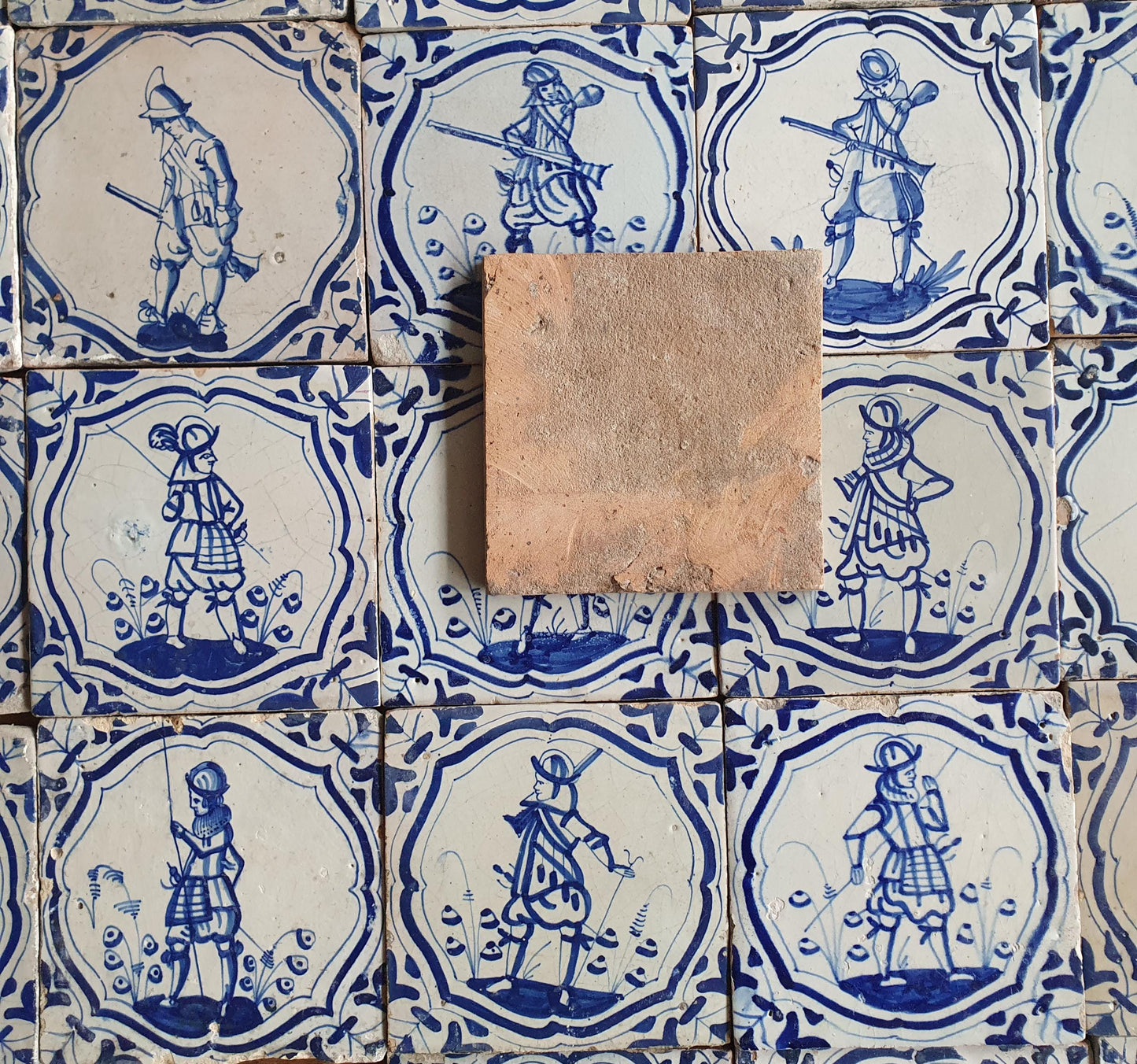 25 Antique Delft Tiles – 17th Century Dutch Soldiers, Wanli Motif