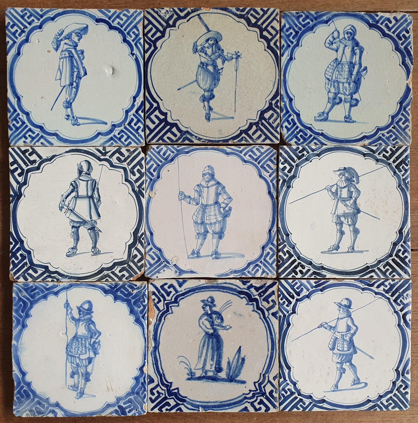 Antique Delft Blue Tiles, 1625 Dutch Tile, Rembrandt Style, Set of 9