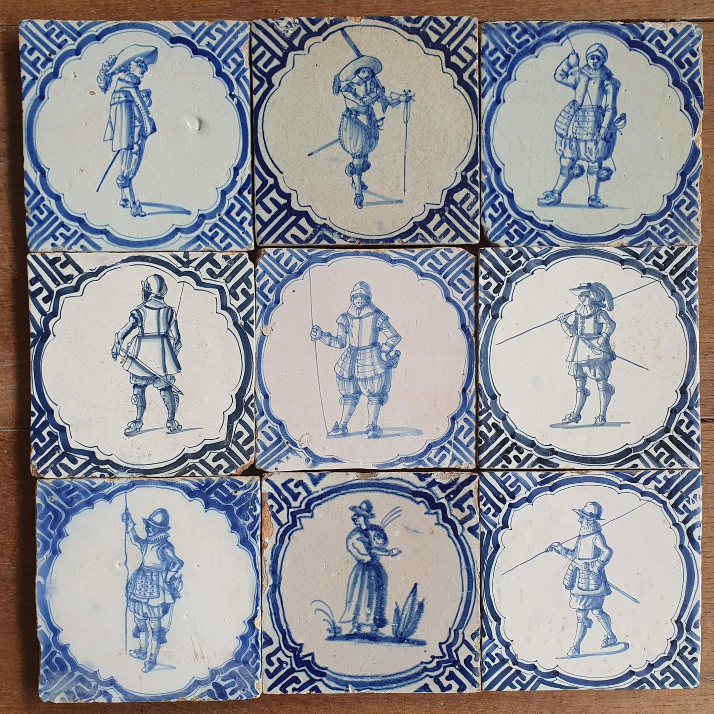 Antique Delft Blue Tiles, 1625 Dutch Tile, Rembrandt Style, Set of 9