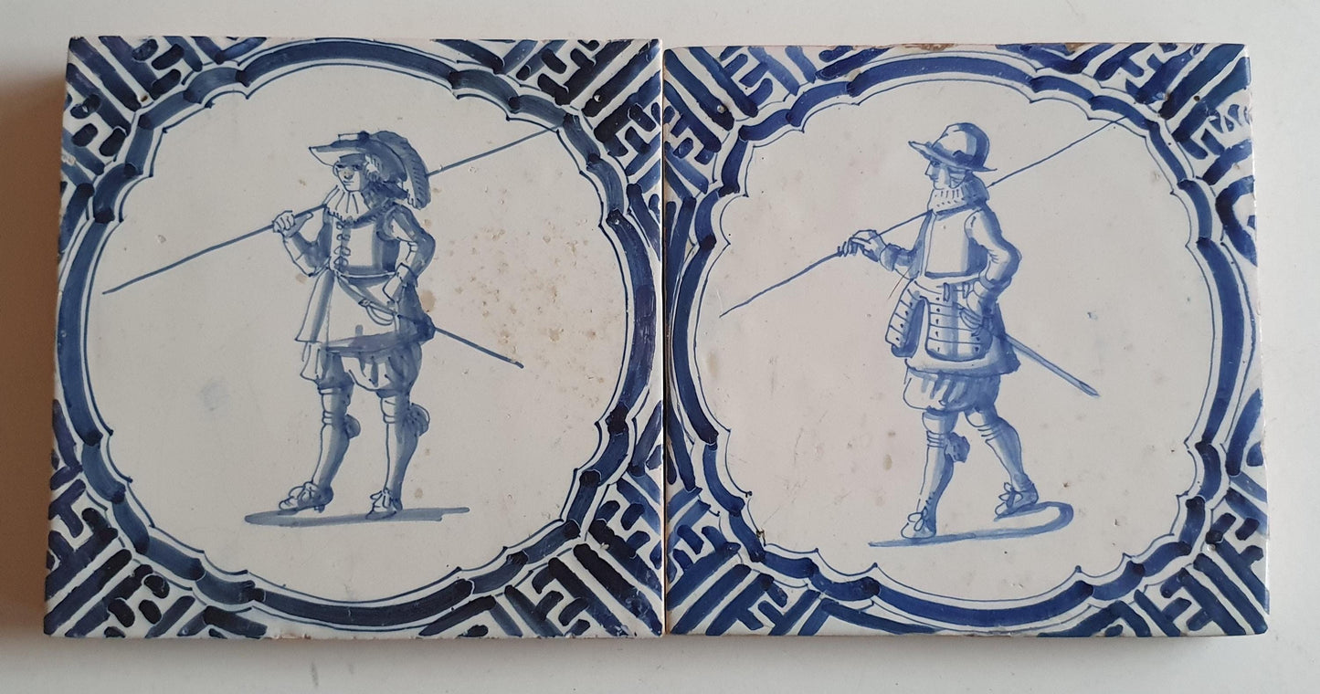 Antique Delft Tile Pair, Dutch Musketeer, circa 1625
