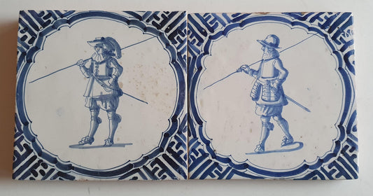 Antique Delft Tile Pair, Dutch Musketeer, circa 1625