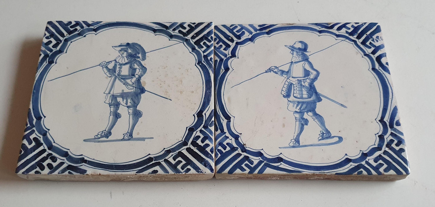 Antique Delft Tile Pair, Dutch Musketeer, circa 1625