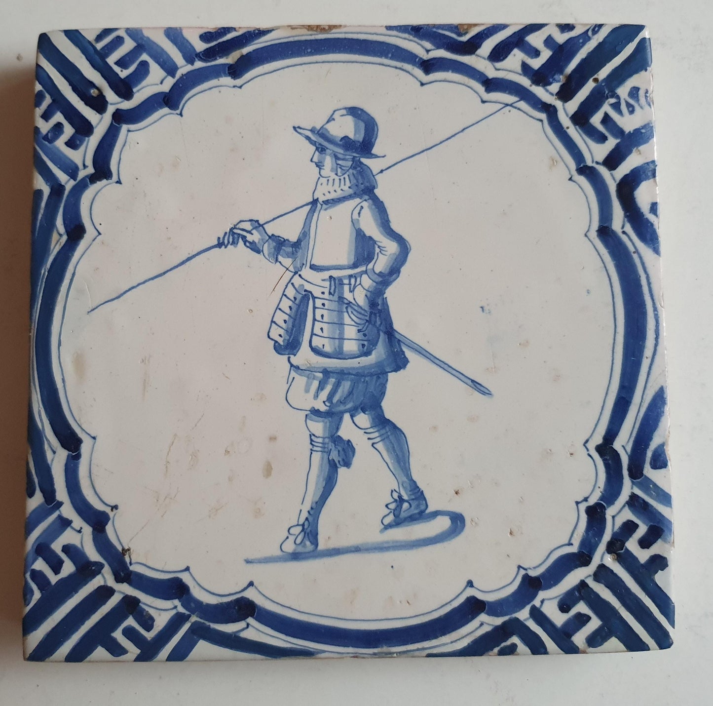 Antique Delft Tile Pair, Dutch Musketeer, circa 1625