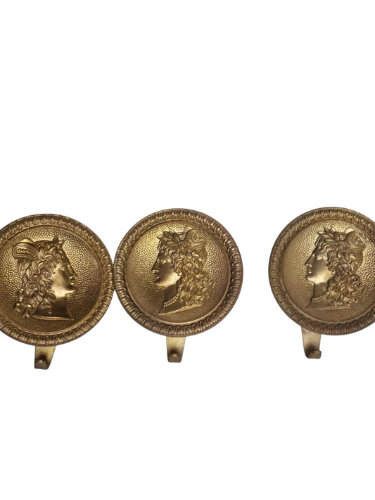 3 old italian brass coathooks garderobe klassieke kapstokhaken vintage italiaanse round double face portrait