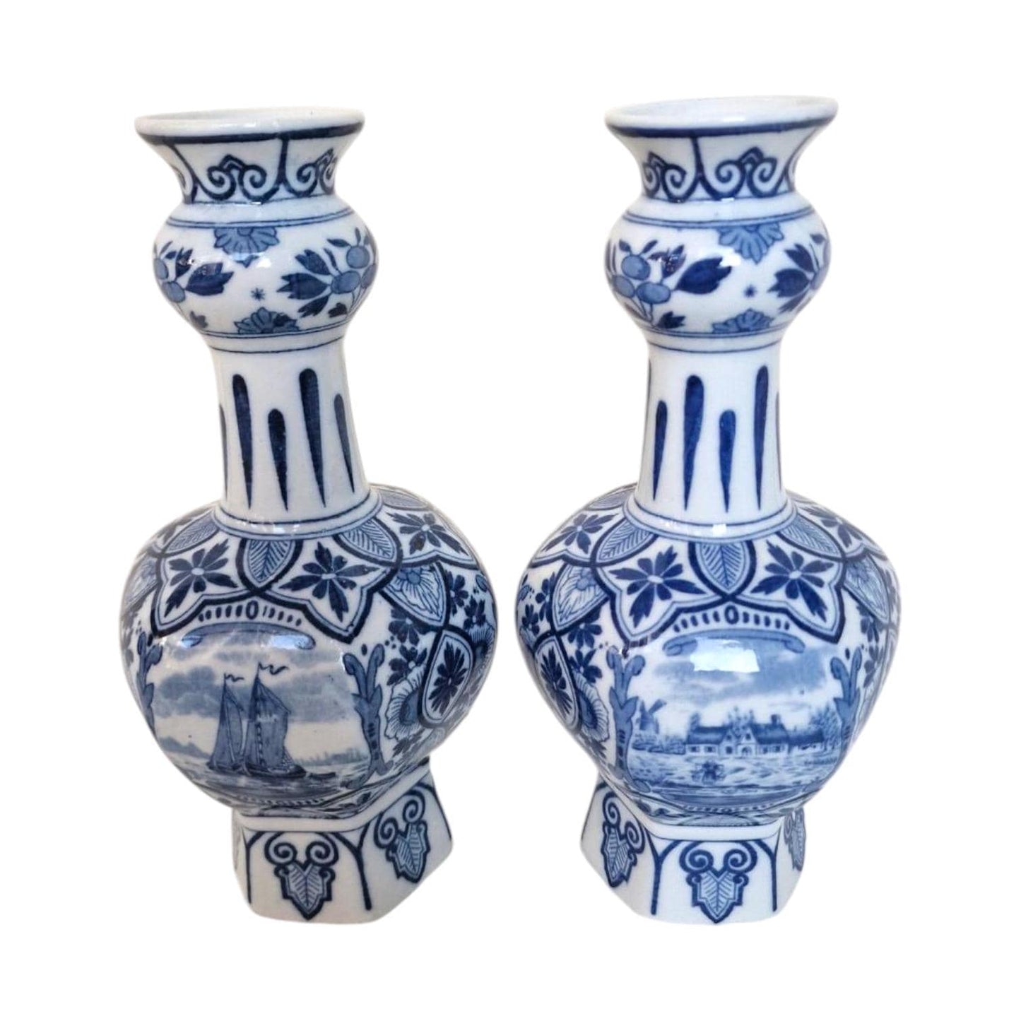 A pair of large Delft antique 'knobbel' vases dutch pottery, 25 cm numbered marked delft made Maastricht 1920-1930 blue ship landscape tiles