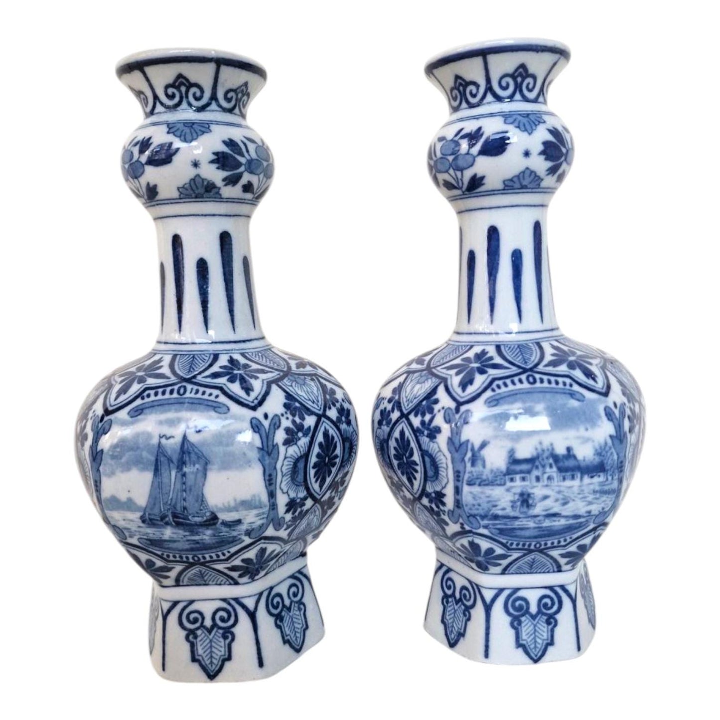 A pair of large Delft antique 'knobbel' vases dutch pottery, 25 cm numbered marked delft made Maastricht 1920-1930 blue ship landscape tiles
