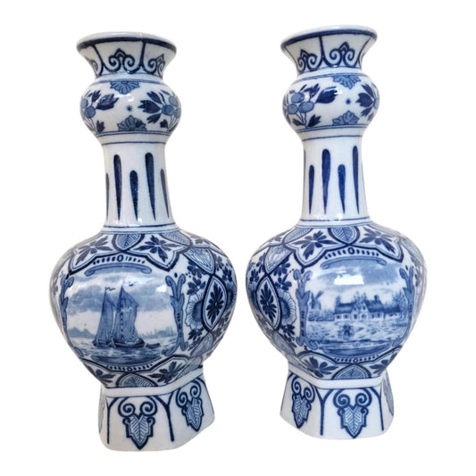 A pair of large Delft antique 'knobbel' vases dutch pottery, 25 cm numbered marked delft made Maastricht 1920-1930 blue ship landscape tiles