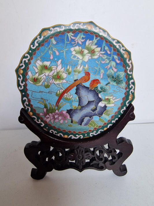 Antique Chinese Cloisonne Plate, Birds and Flowers Enamel Design, Republic Era