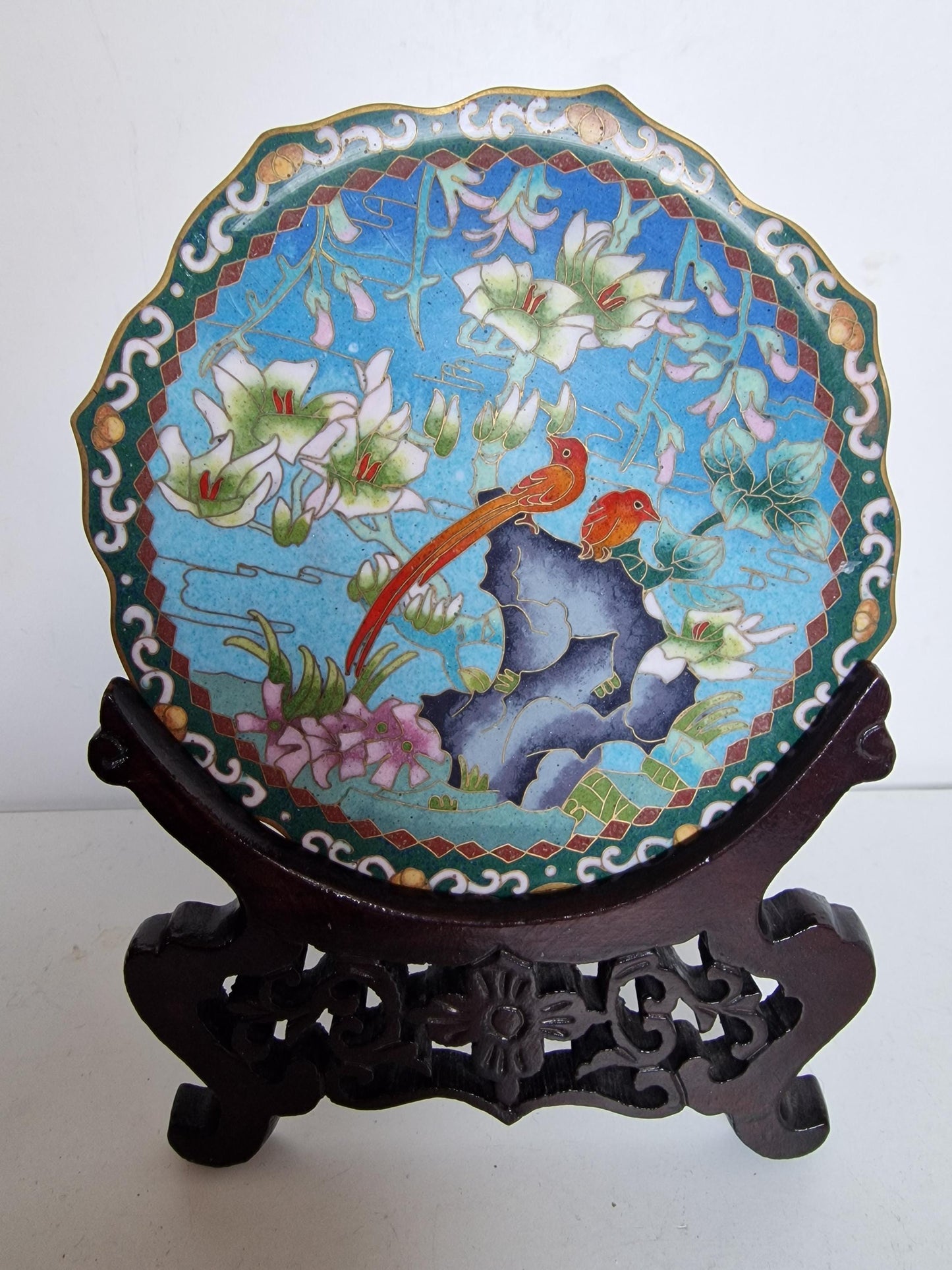 Antique Chinese Cloisonne Plate, Birds and Flowers Enamel Design, Republic Era
