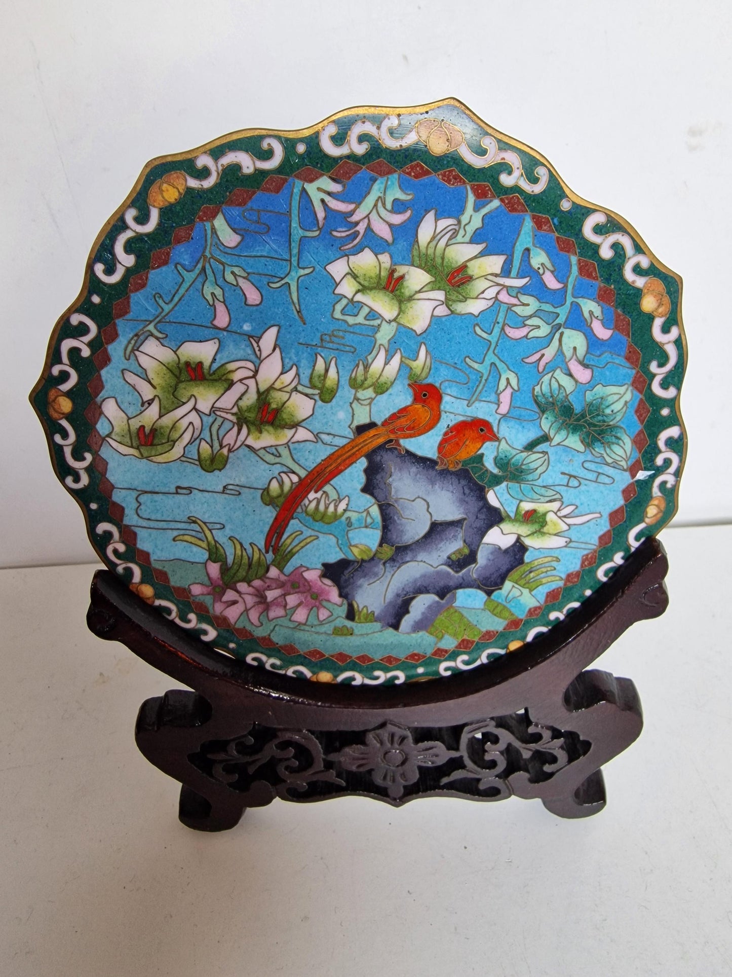 Antique Chinese Cloisonne Plate, Birds and Flowers Enamel Design, Republic Era