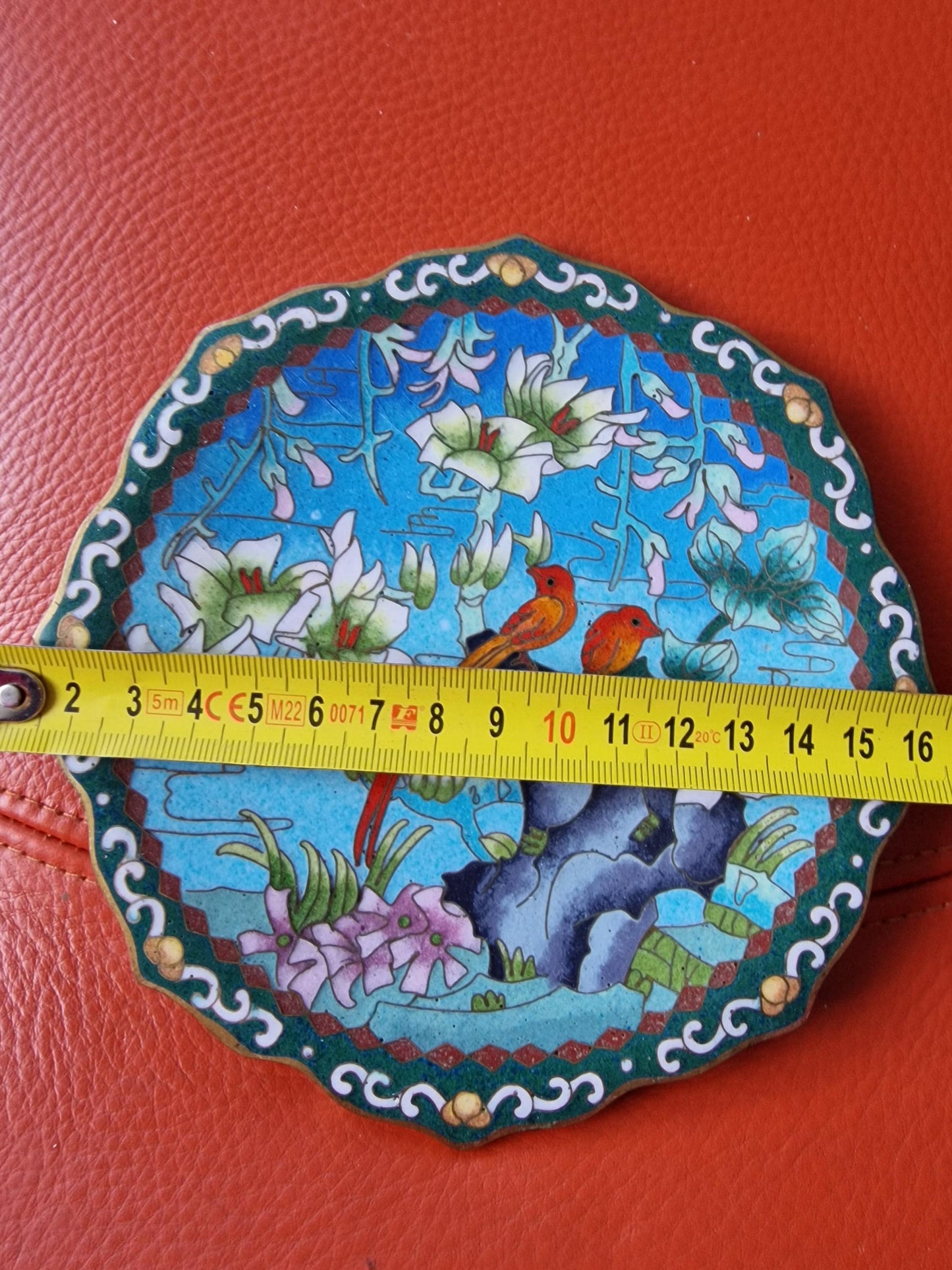 Antique Chinese Cloisonne Plate, Birds and Flowers Enamel Design, Republic Era