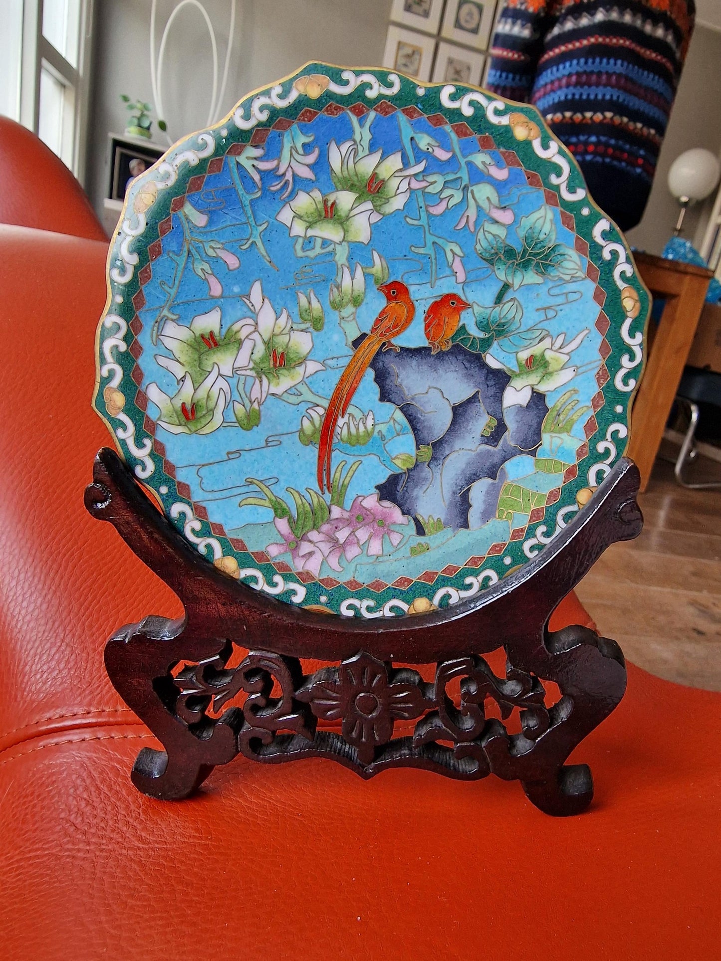 Antique Chinese Cloisonne Plate, Birds and Flowers Enamel Design, Republic Era