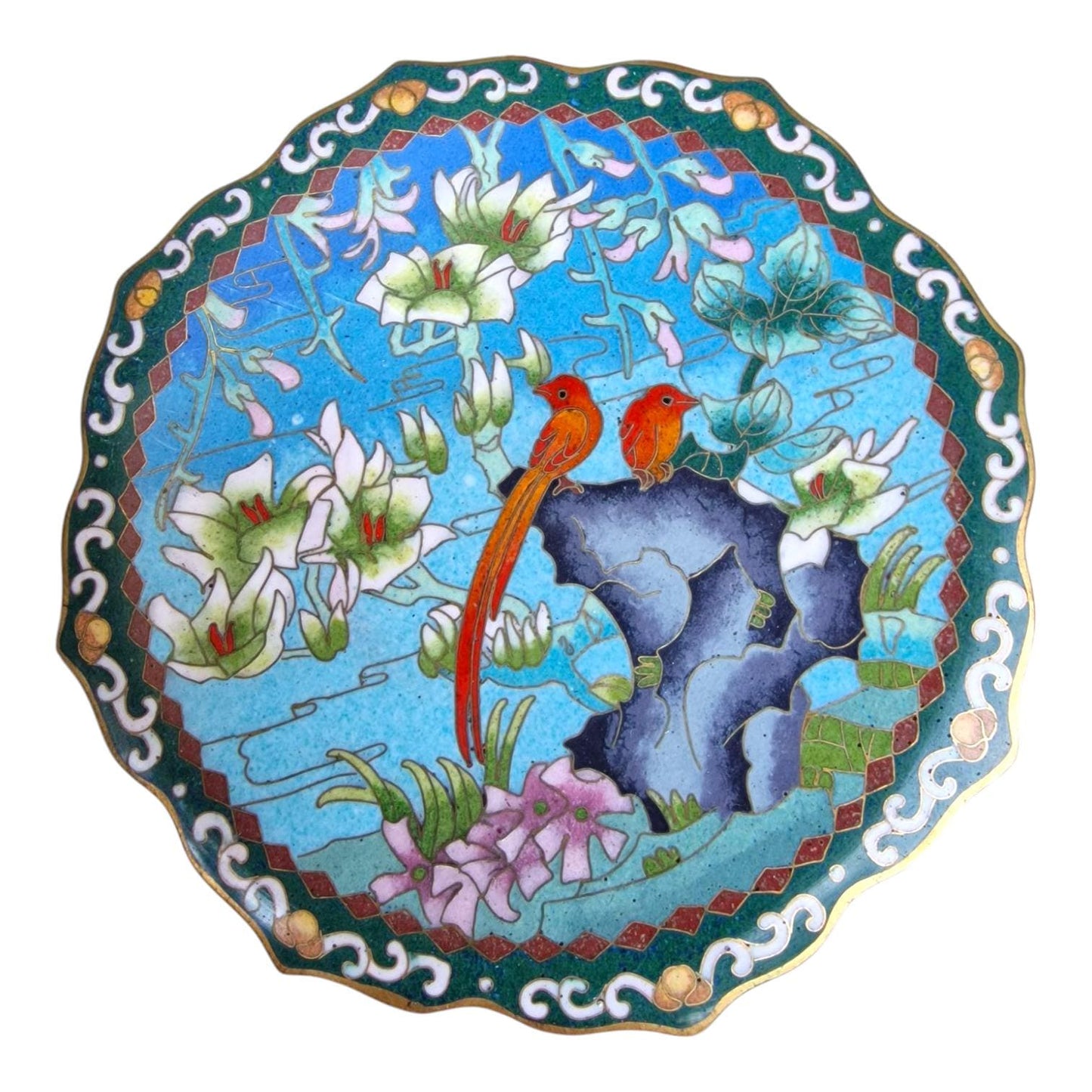 Antique Chinese Cloisonne Plate, Birds and Flowers Enamel Design, Republic Era