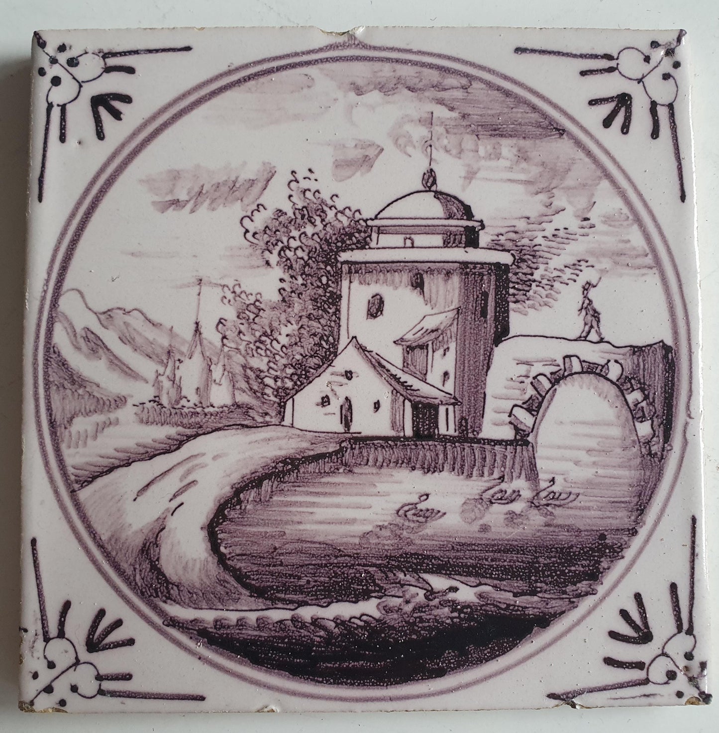 Around 1850 century Antique Dutch Tile - manganese landscape tegel