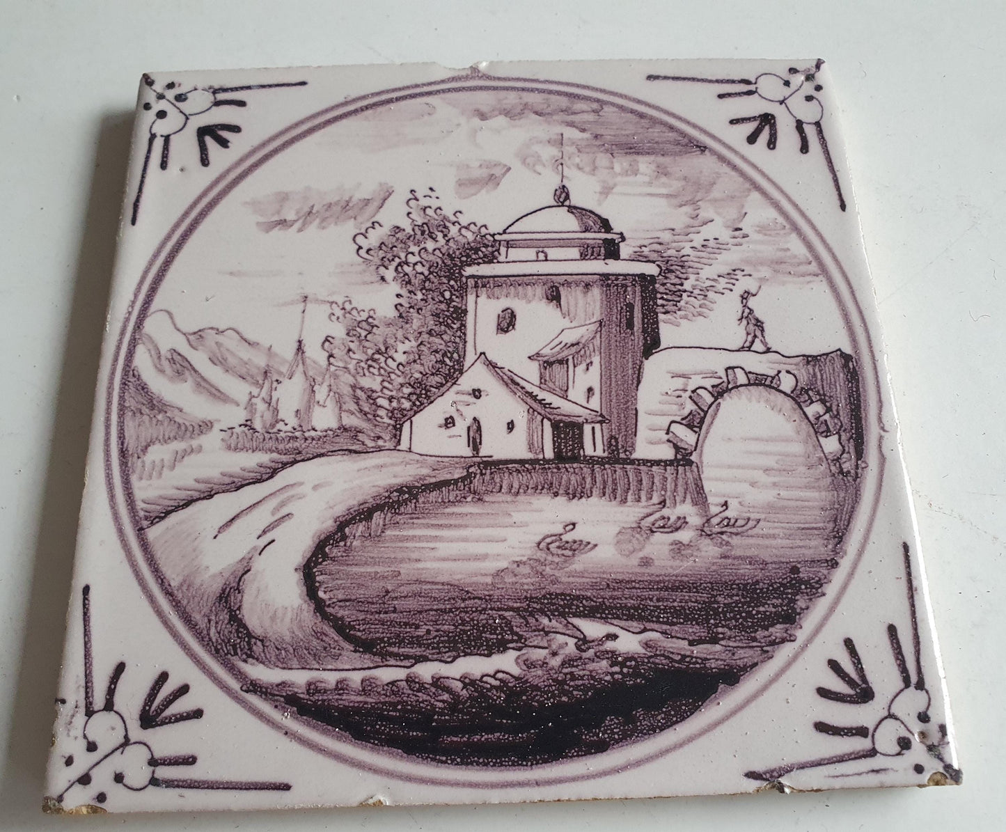 Around 1850 century Antique Dutch Tile - manganese landscape tegel