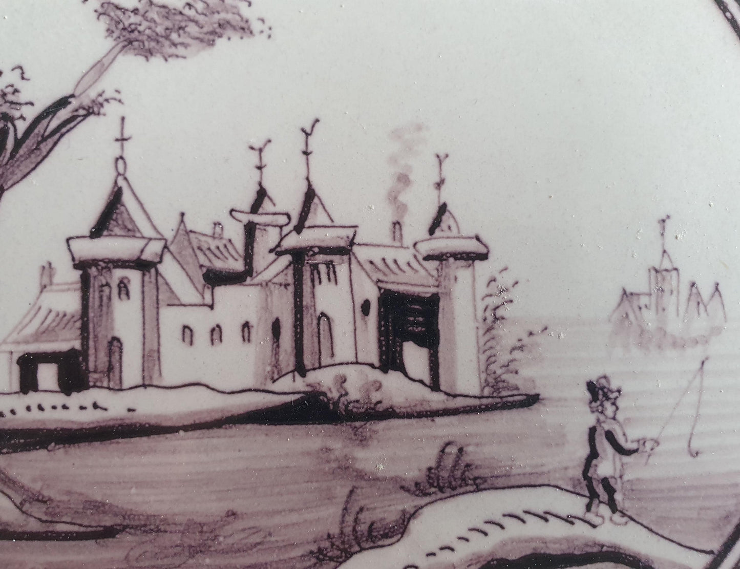 Around 1850 century Antique Dutch Tile - manganese landscape tegel castle with fischerman