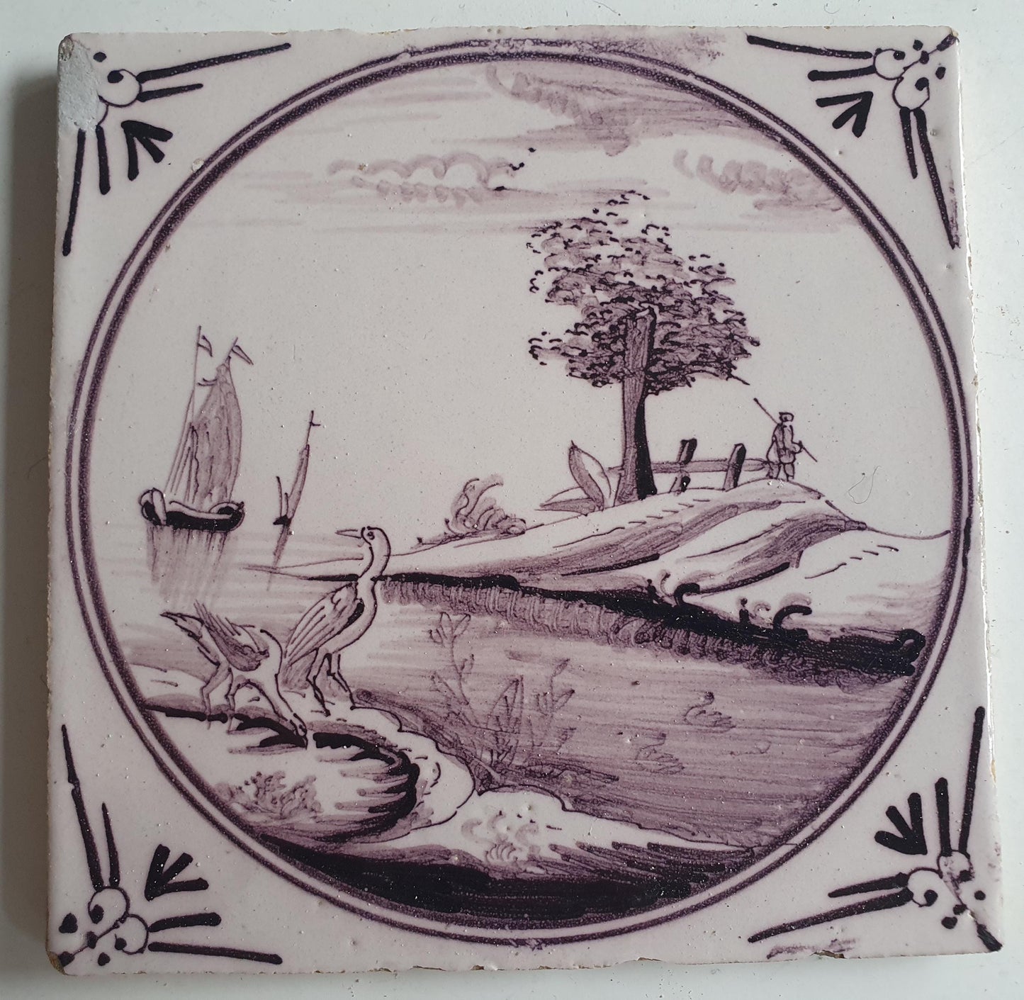 Around 1850 century Antique Dutch Tile - manganese landscape tegel