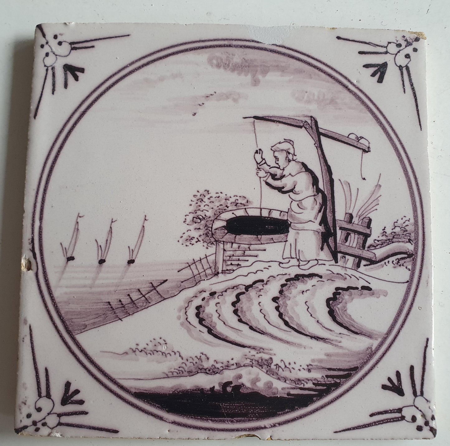 Around 1850 century Antique Dutch Tile - manganese landscape tegel
