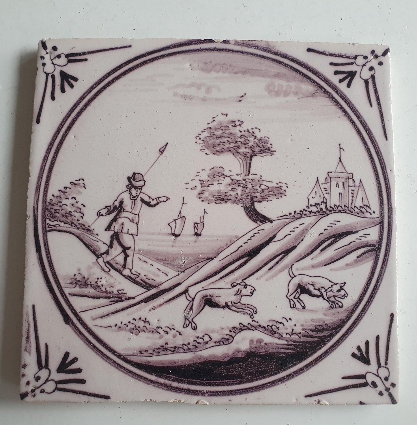 Around 1850 century Antique Dutch Tile - manganese landscape tegel