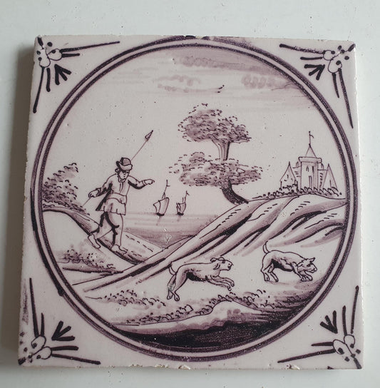 Around 1850 century Antique Dutch Tile - manganese landscape tegel