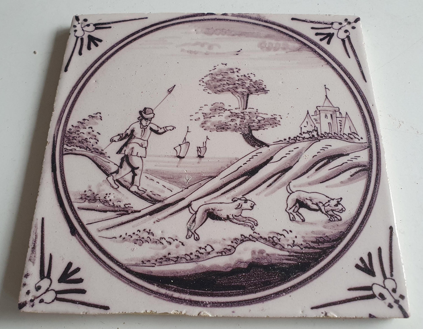 Around 1850 century Antique Dutch Tile - manganese landscape tegel