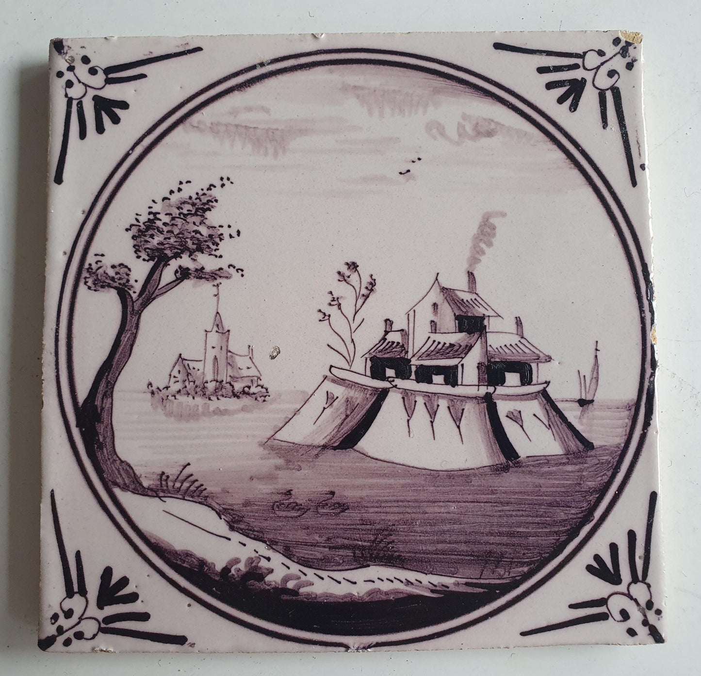 Around 1850 century Antique Dutch Tile - manganese landscape tegel