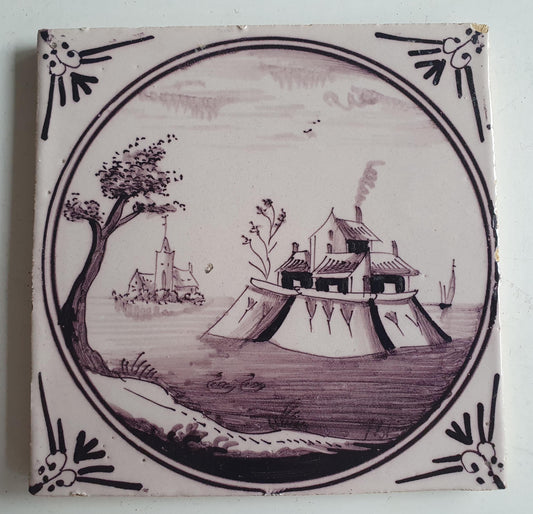 Around 1850 century Antique Dutch Tile - manganese landscape tegel