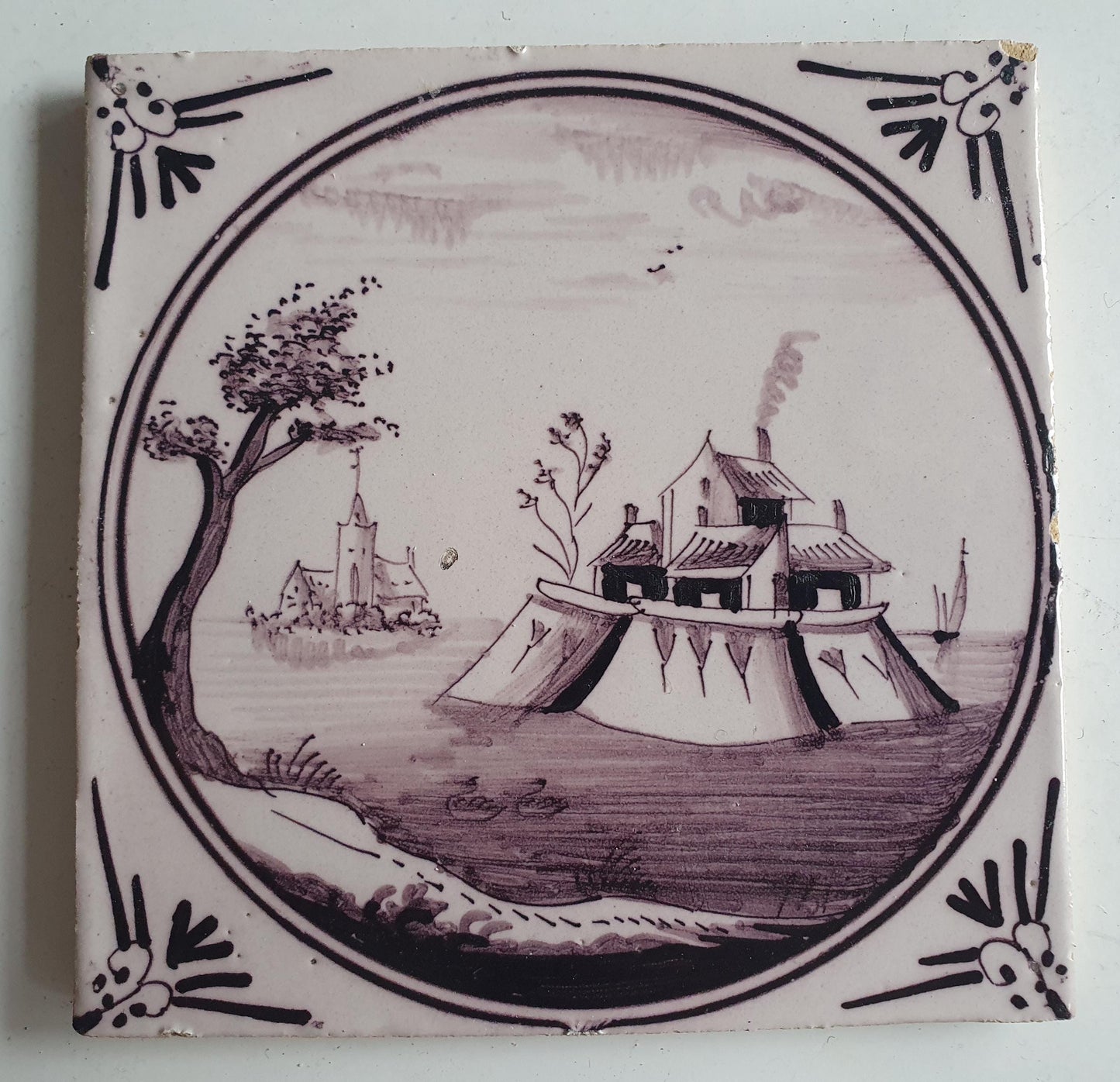 Around 1850 century Antique Dutch Tile - manganese landscape tegel