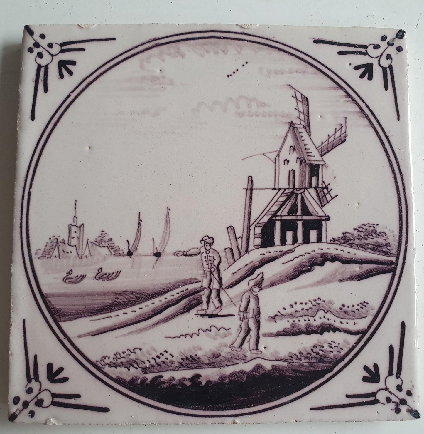 Around 1850 century Antique Dutch Tile - manganese landscape tegel