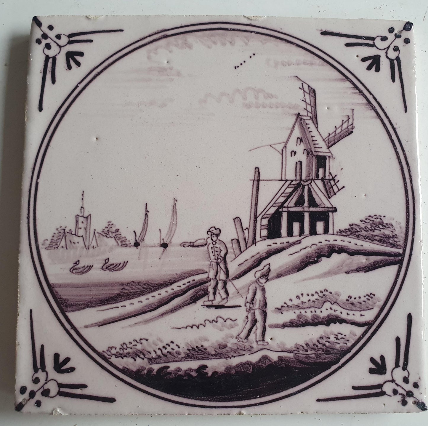 Around 1850 century Antique Dutch Tile - manganese landscape tegel