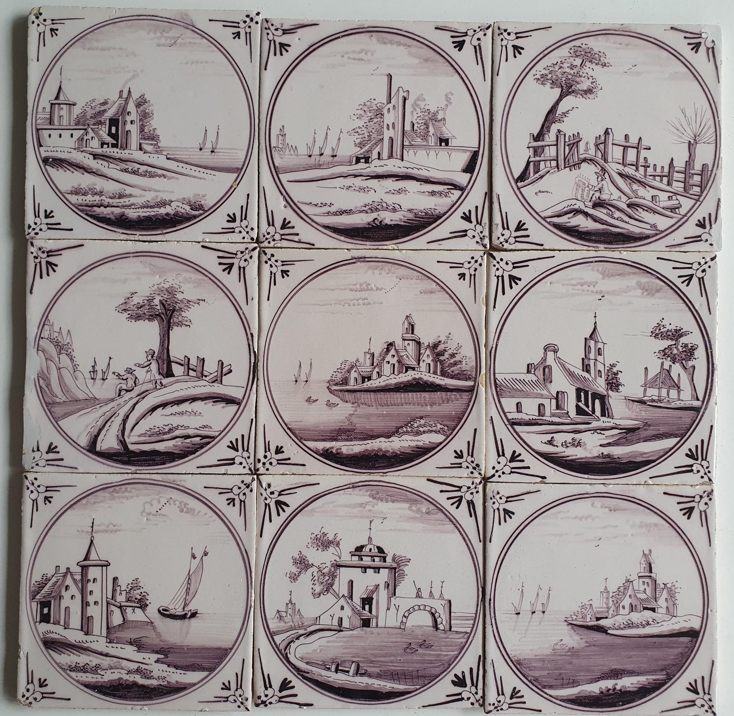 9 x Around 1850 century Antique Dutch Tiles - manganese landscape tegels