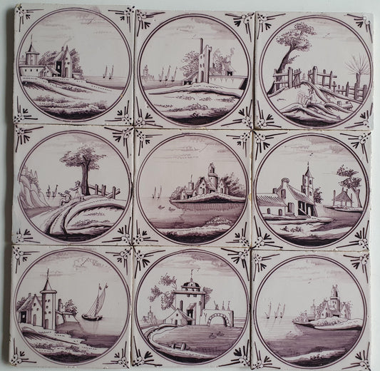 9 x Around 1850 century Antique Dutch Tiles - manganese landscape tegels