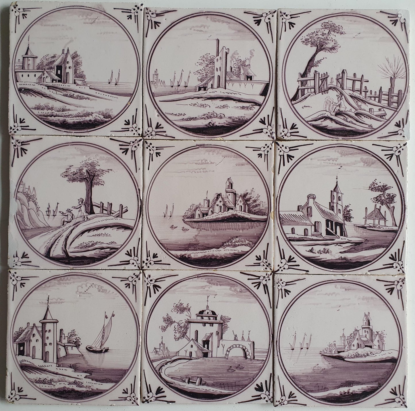 9 x Around 1850 century Antique Dutch Tiles - manganese landscape tegels