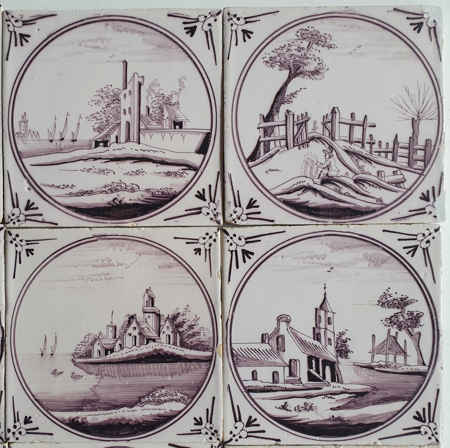 9 x Around 1850 century Antique Dutch Tiles - manganese landscape tegels