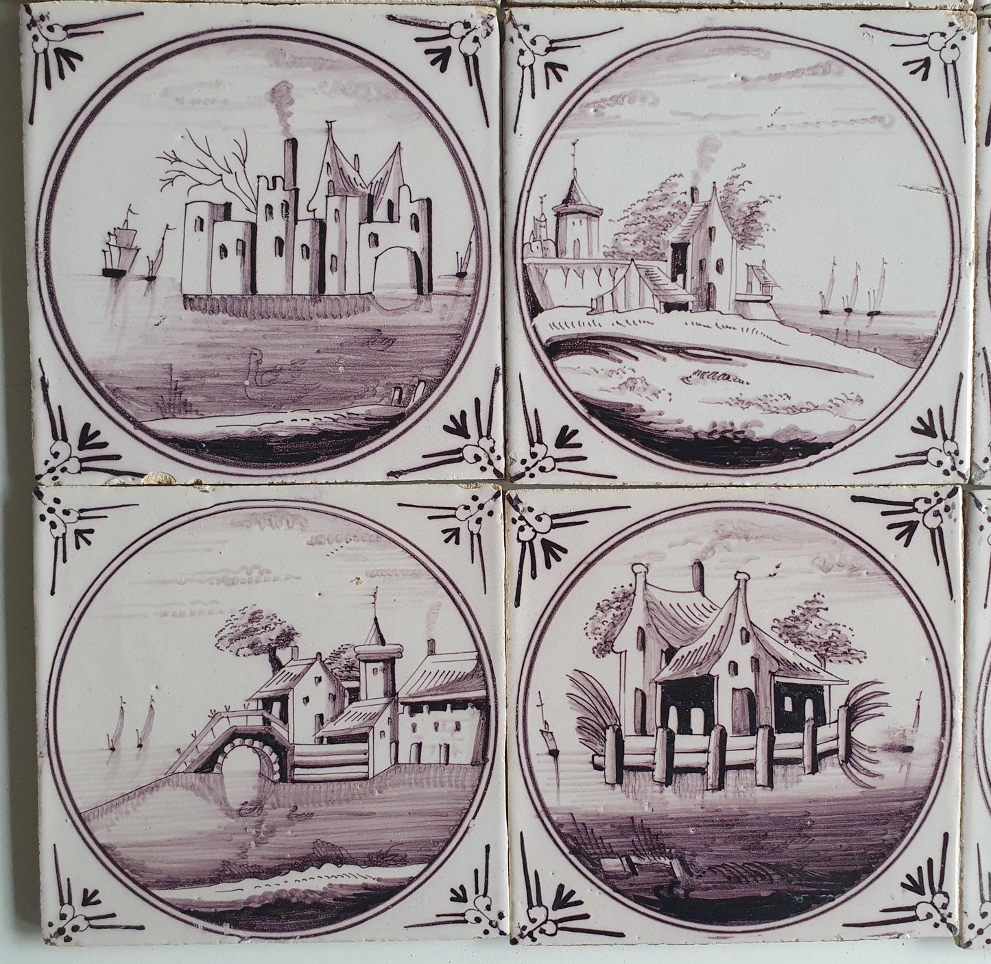9 x Around 1850 century Antique Dutch Tiles - manganese landscape tegels