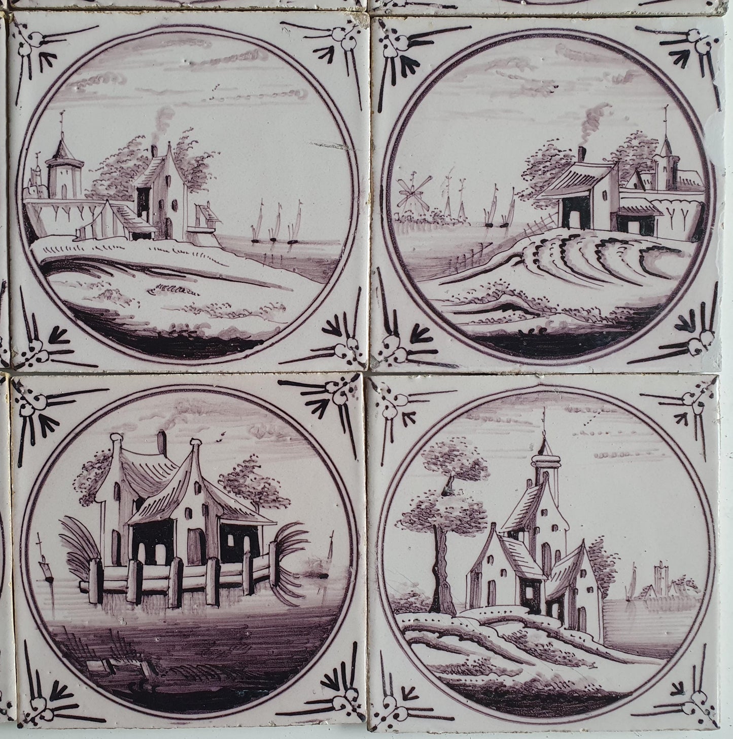 9 x Around 1850 century Antique Dutch Tiles - manganese landscape tegels