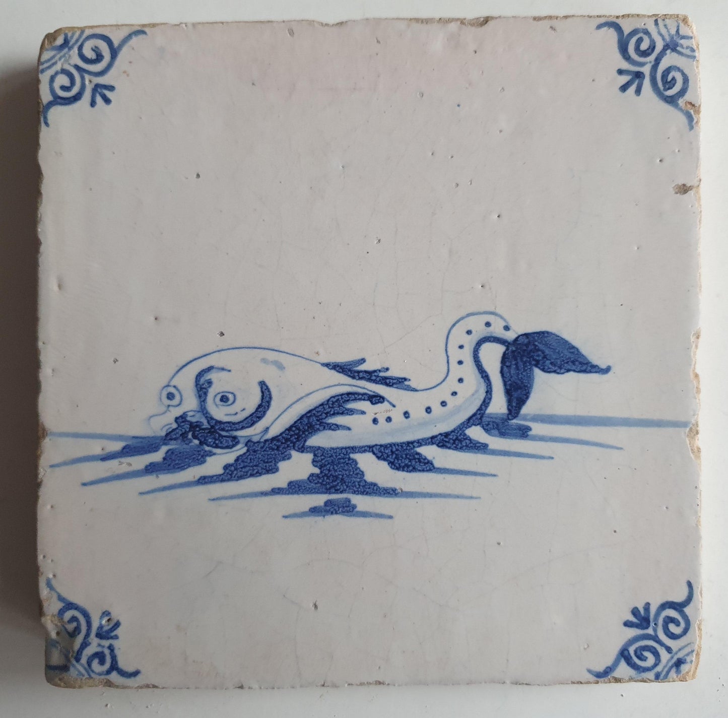 17th Century Delft Blue Tile, Dutch Seacreature Fantasy