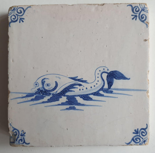 17th Century Delft Blue Tile, Dutch Seacreature Fantasy