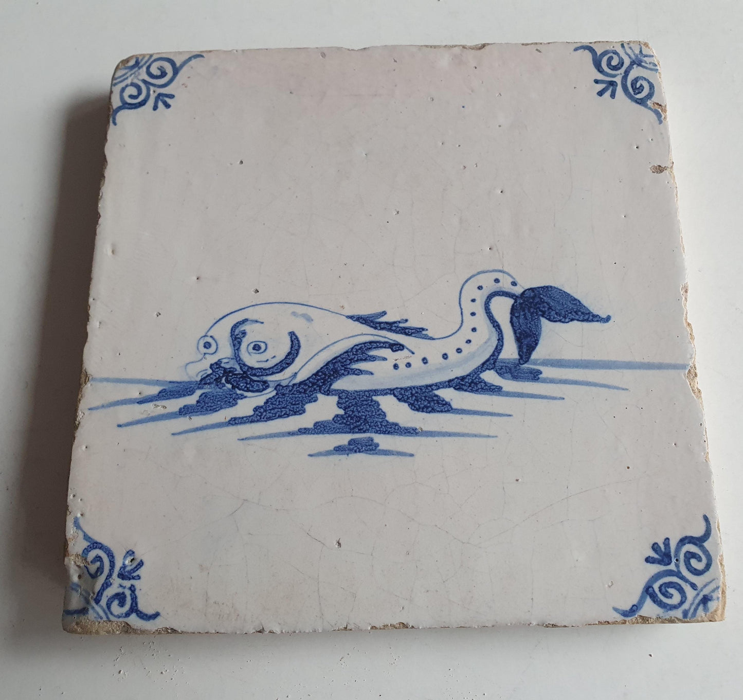 17th Century Delft Blue Tile, Dutch Seacreature Fantasy