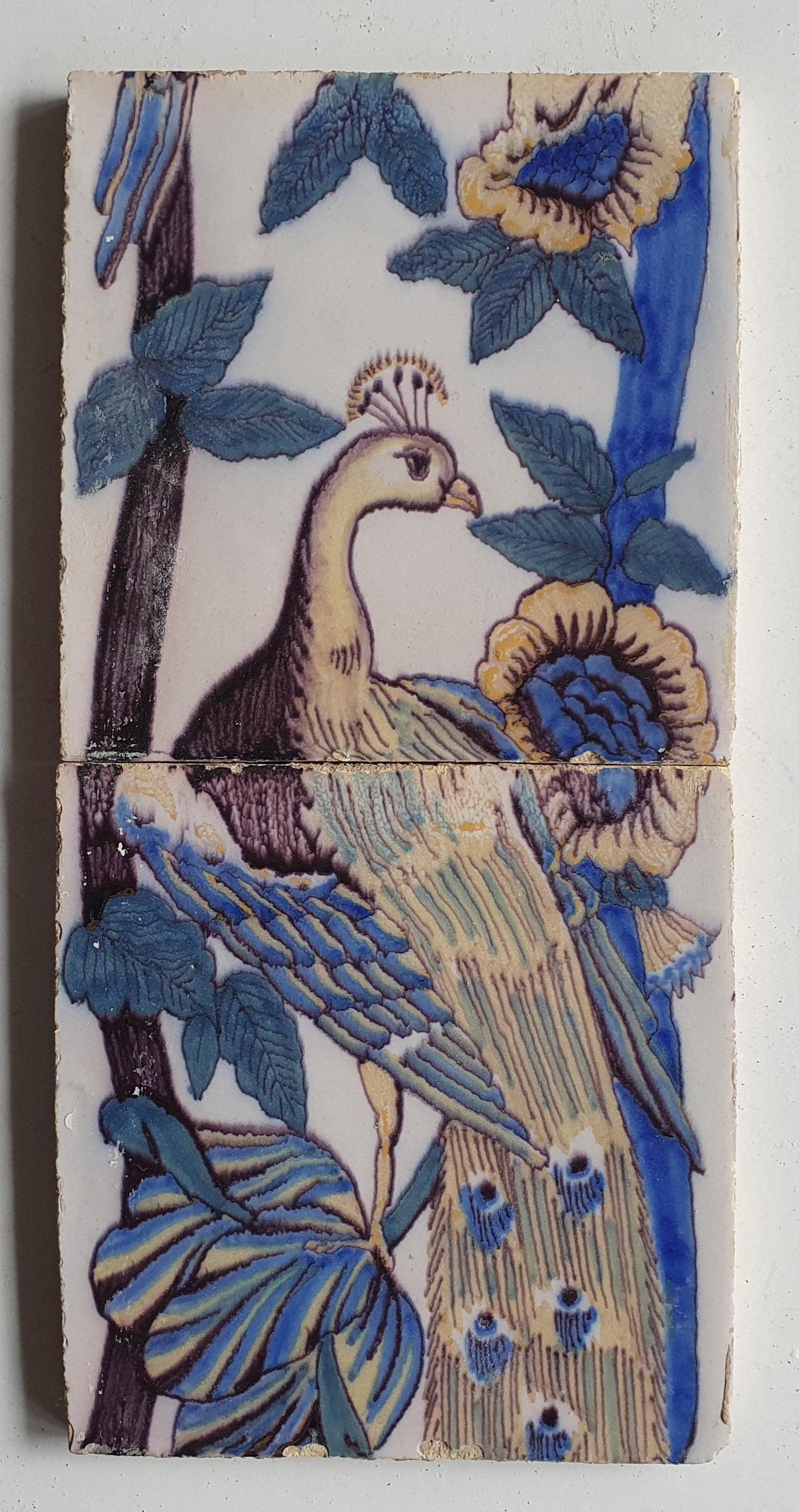 2 Antique Dutch Tiles - polychrome paauw  - Dated around 1870,