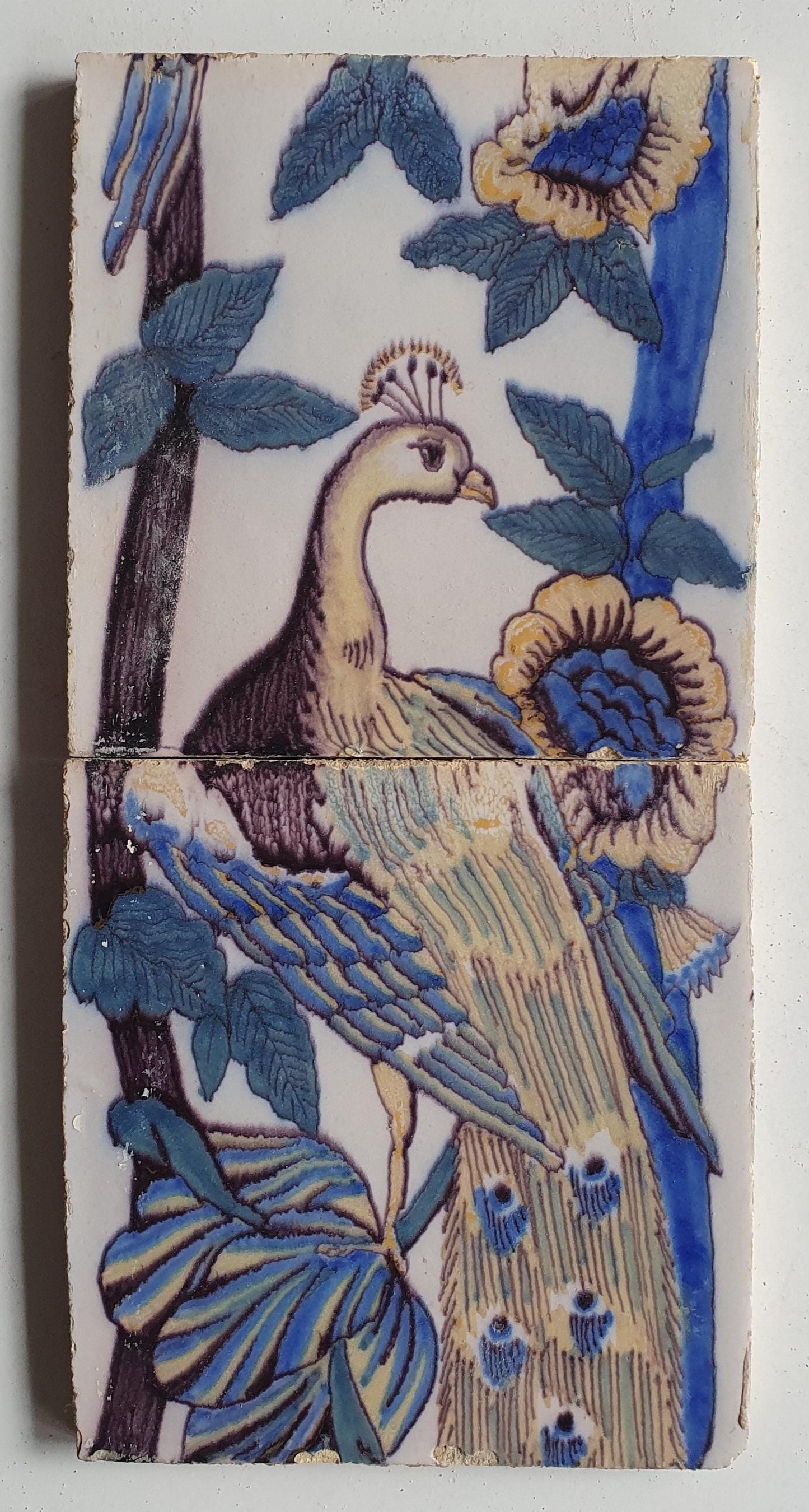 2 Antique Dutch Tiles - polychrome paauw  - Dated around 1870,