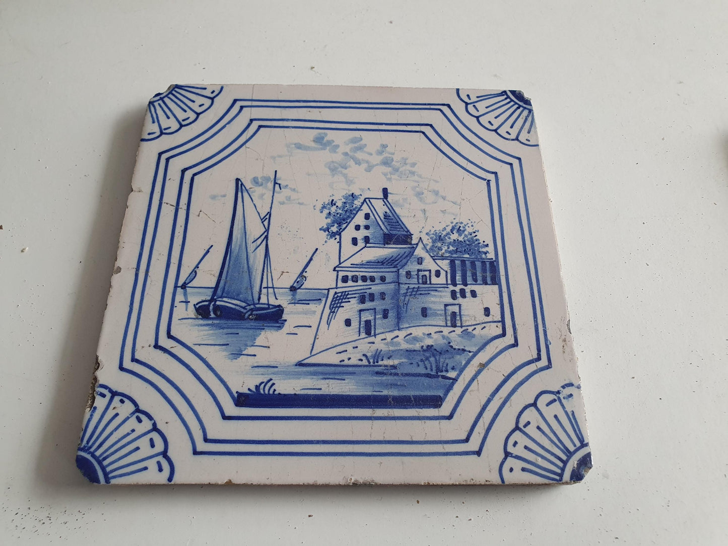 19th Century Dutch Delft Blue Tile, Holland Seascape
