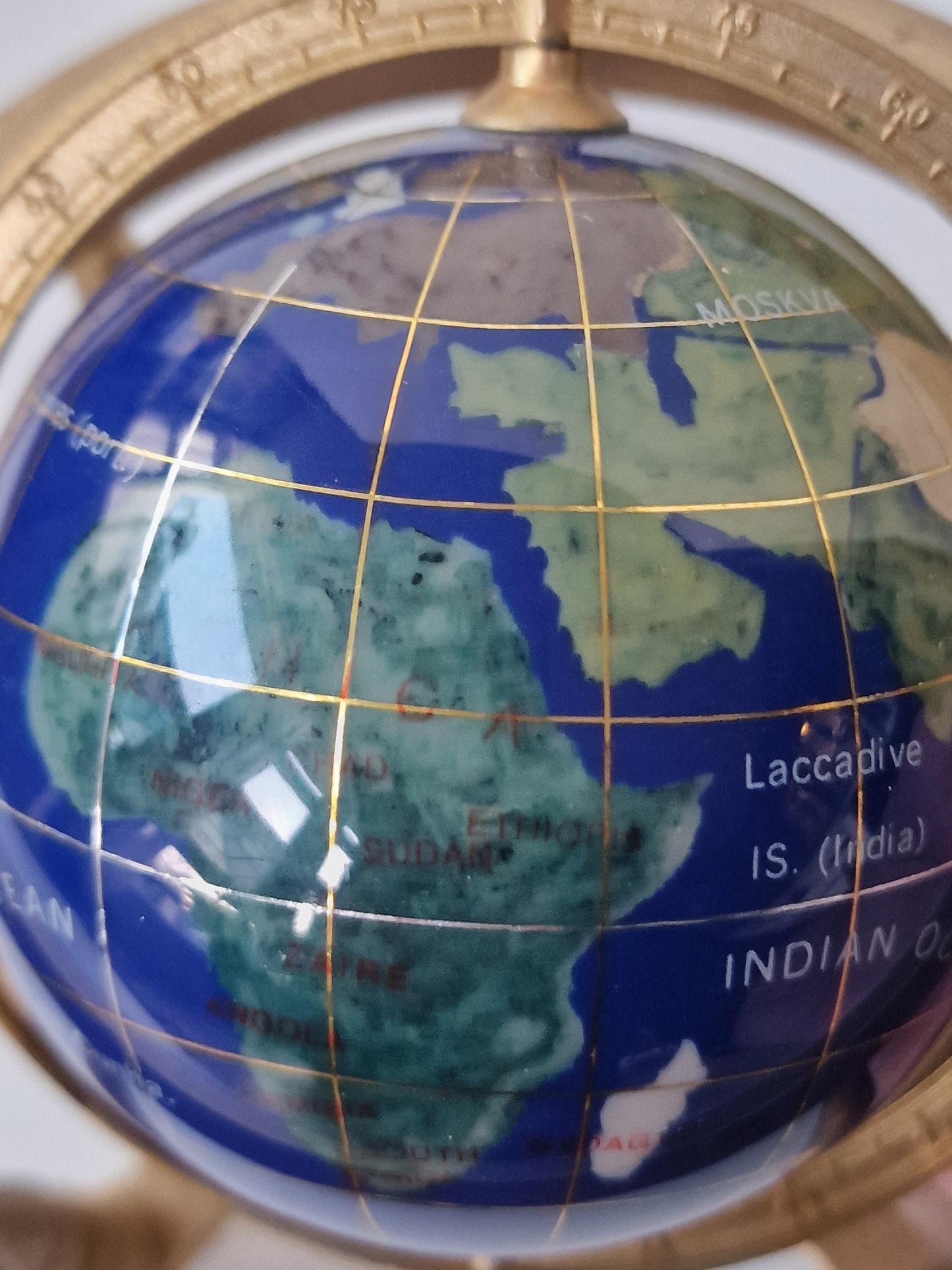 Gemstone Globe with Copper Stand, Lapis Lazuli Inlaid Continents