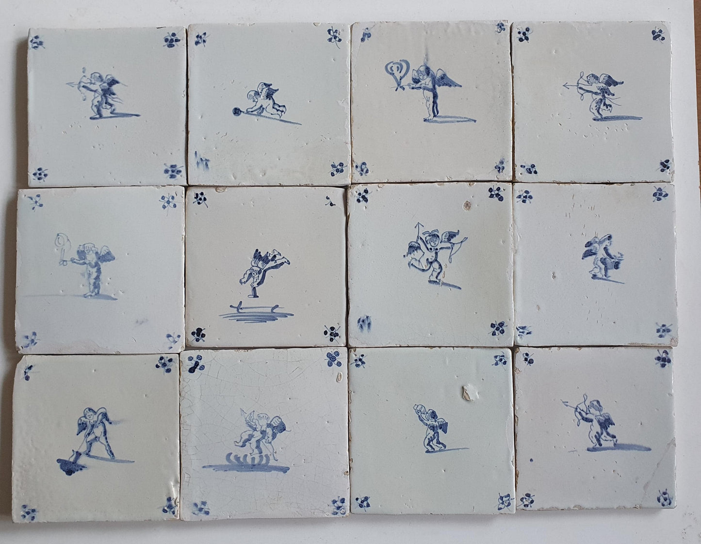 Cherub Antique Delft Tiles - 17th Century Dutch Cupid, Angel Motifs (Set of 12)