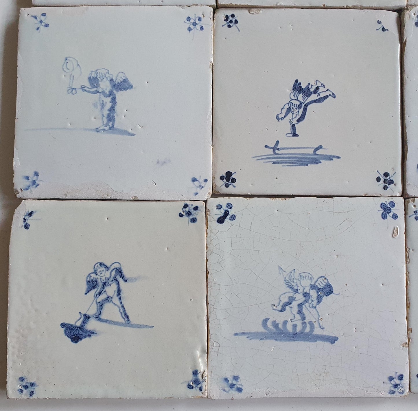 Cherub Antique Delft Tiles - 17th Century Dutch Cupid, Angel Motifs (Set of 12)