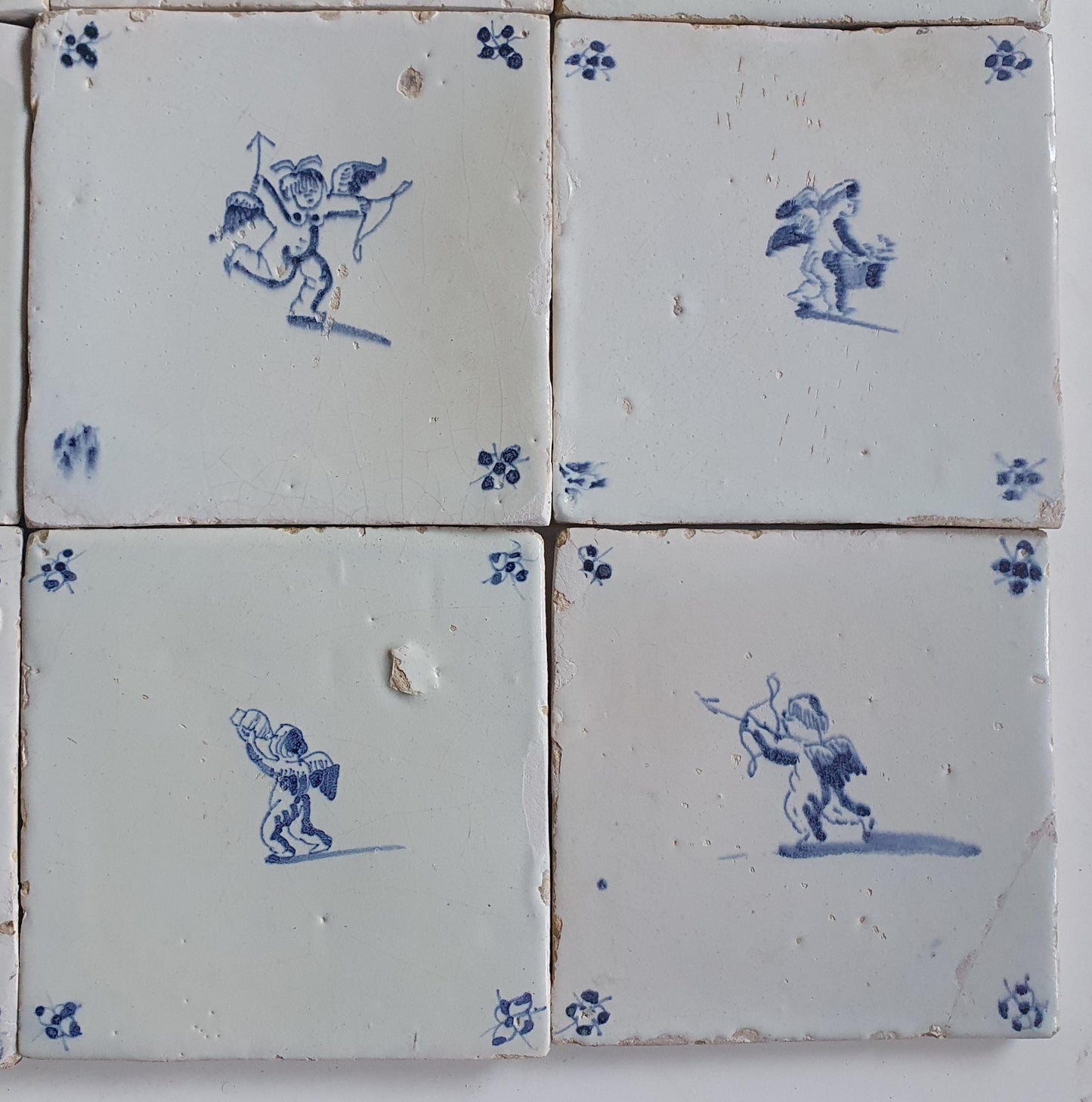 Cherub Antique Delft Tiles - 17th Century Dutch Cupid, Angel Motifs (Set of 12)