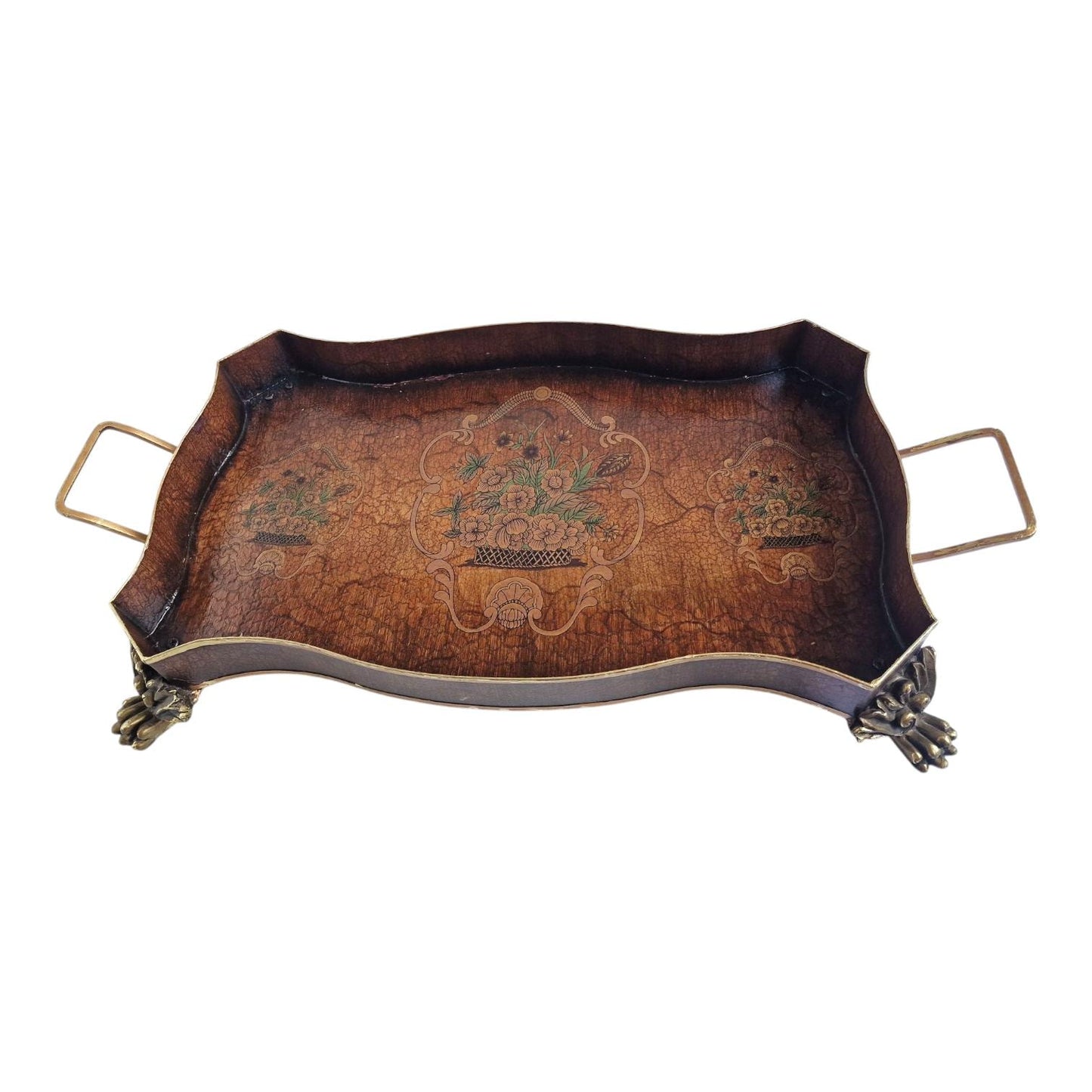 XL Italian Serving Tray, Faux Leather Centerpiece, Hollywood Regency Brass