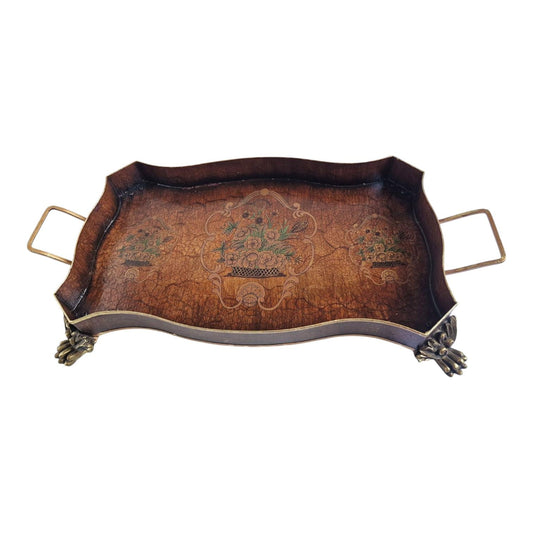 XL Italian Serving Tray, Faux Leather Centerpiece, Hollywood Regency Brass